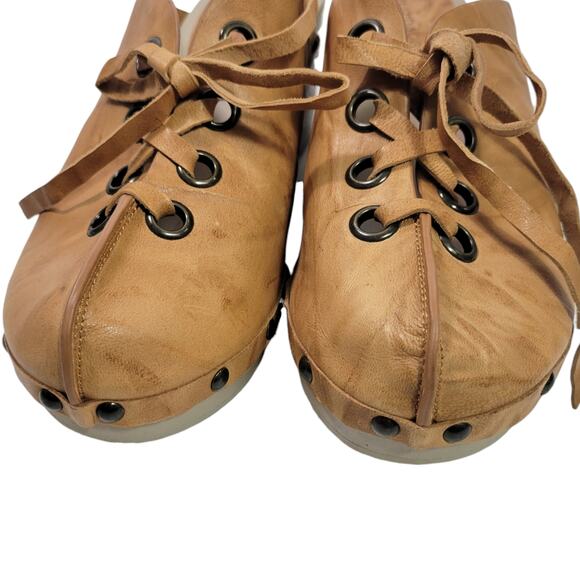 Kelsi Dagger Clogs Tan Leather Lace Up Wedge Wood Heel Mule Slip On Retro Size 9 - Picture 5 of 15